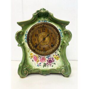 Antique Victorian Royal Bonn Germany Green Porcelain La Fontaina Ansonia Clock